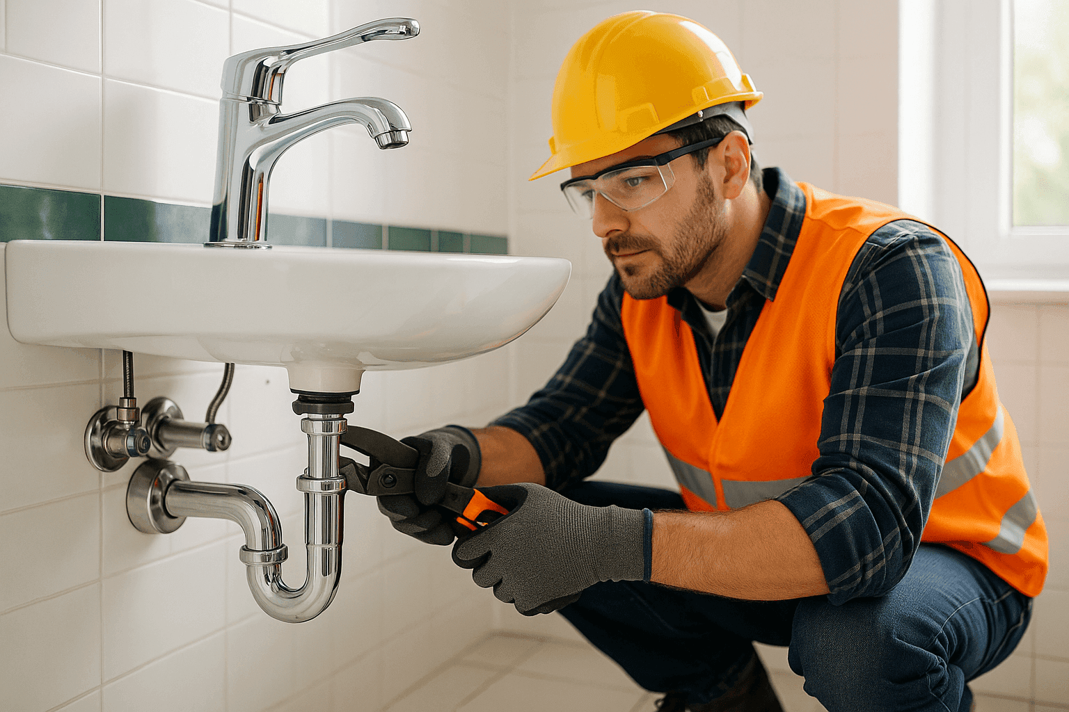 Plumber installing new bathroom faucet and pipes