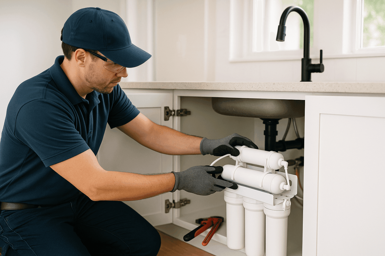 Plumber installing water filtration system under kitchen sink