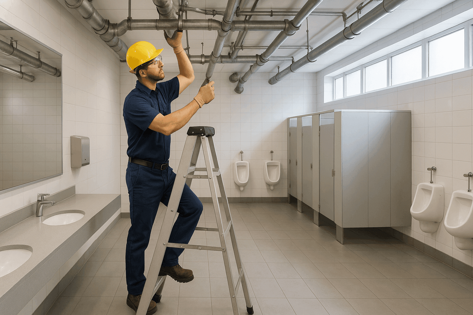Plumber inspecting pipes in large commercial restroom