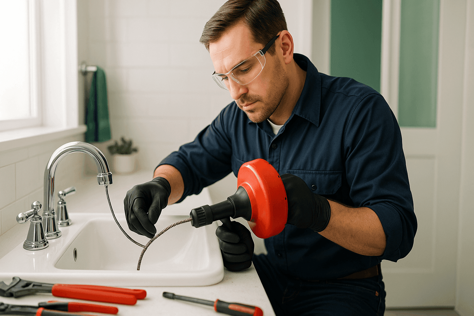 Plumber snaking drain in residential bathroom sink