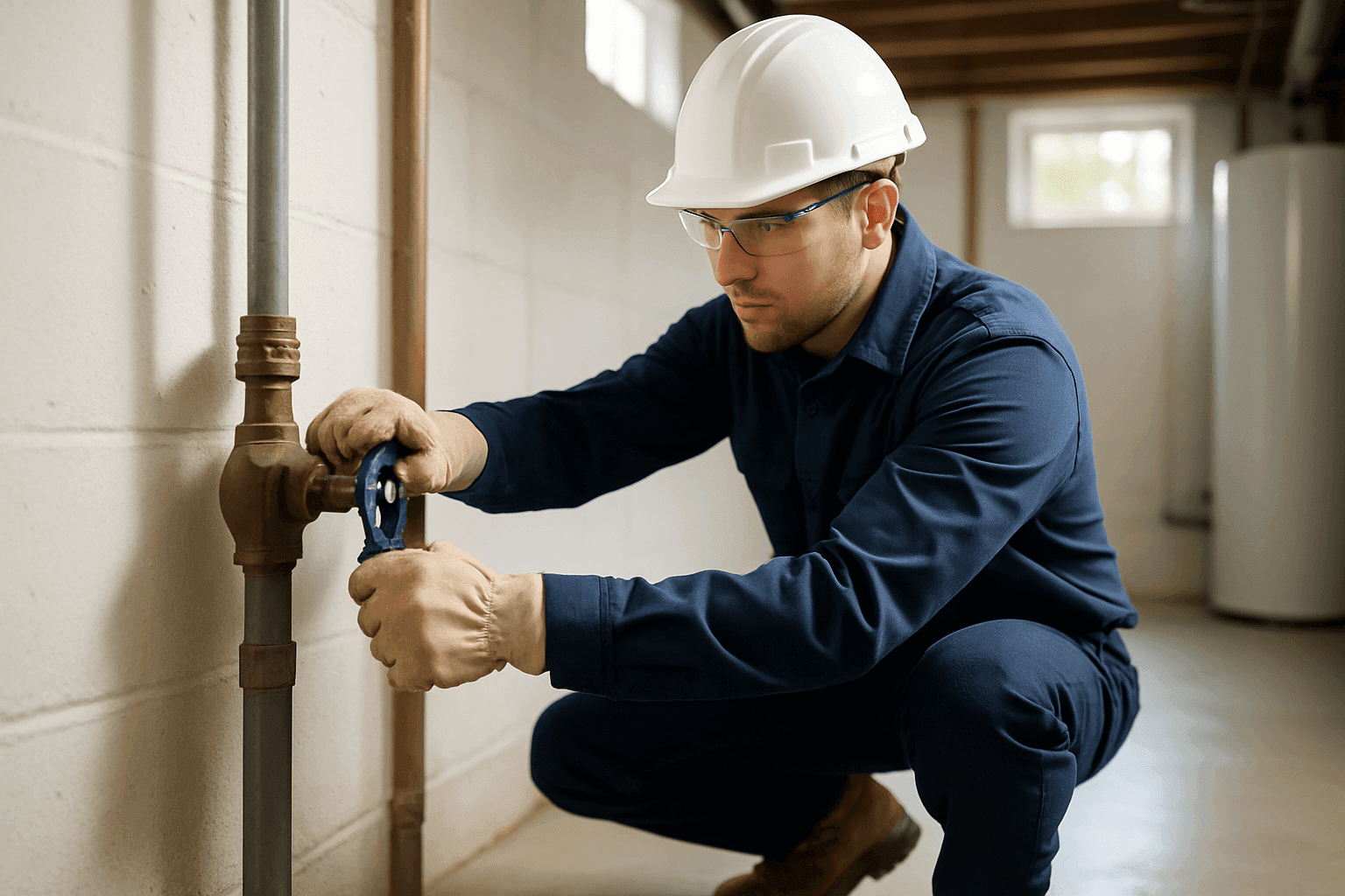 Technician shutting off main water valve in residential basement