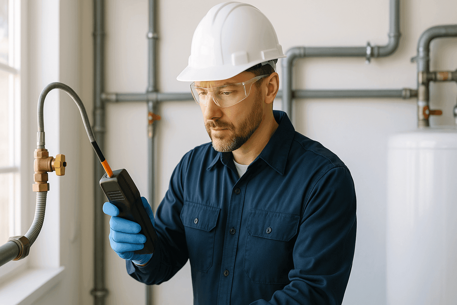 Plumber checking gas line connection with leak detector