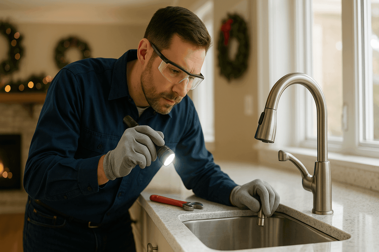 Plumber checking kitchen sink before holiday gathering