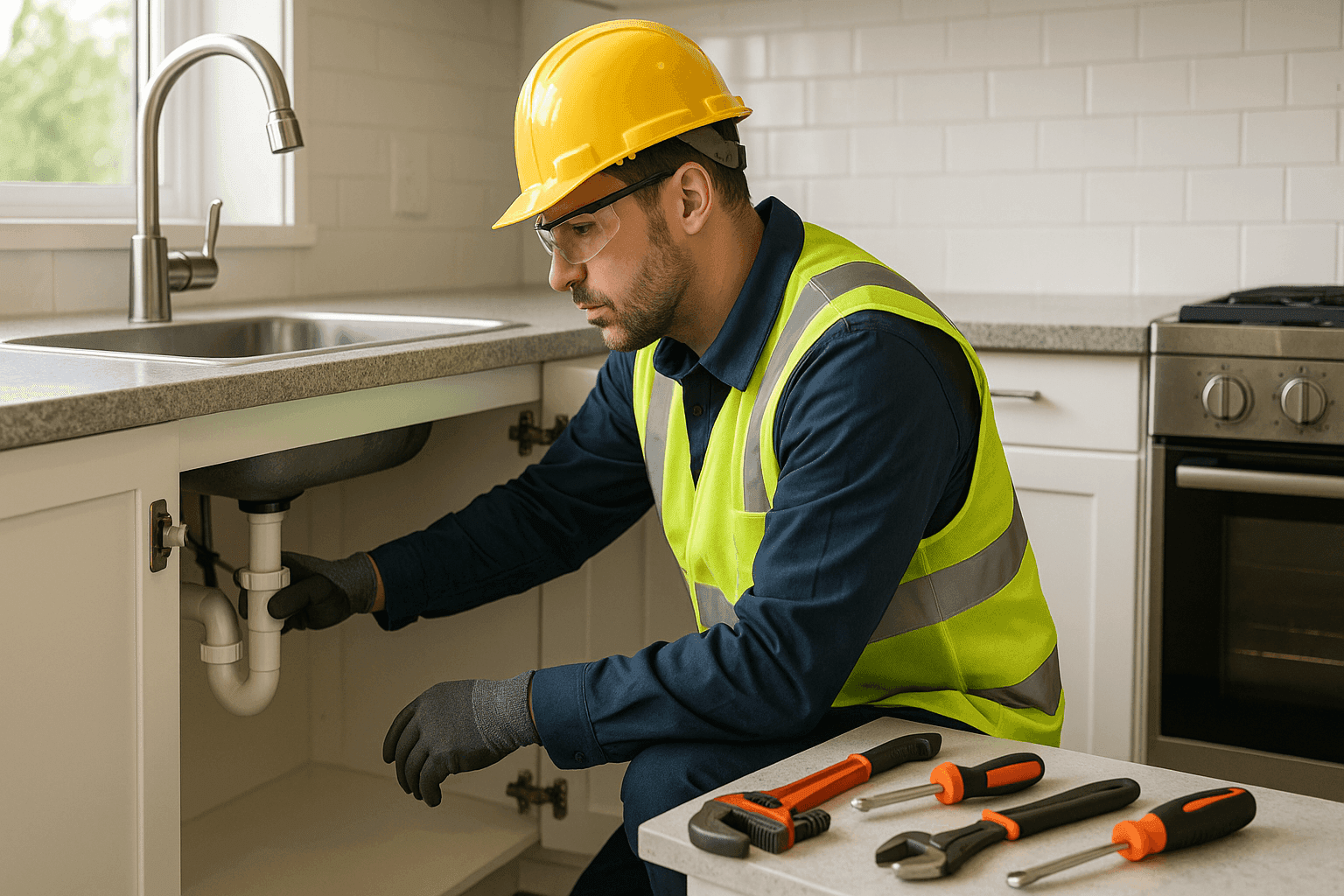 Plumber checking leaking kitchen sink with repair tools on counter