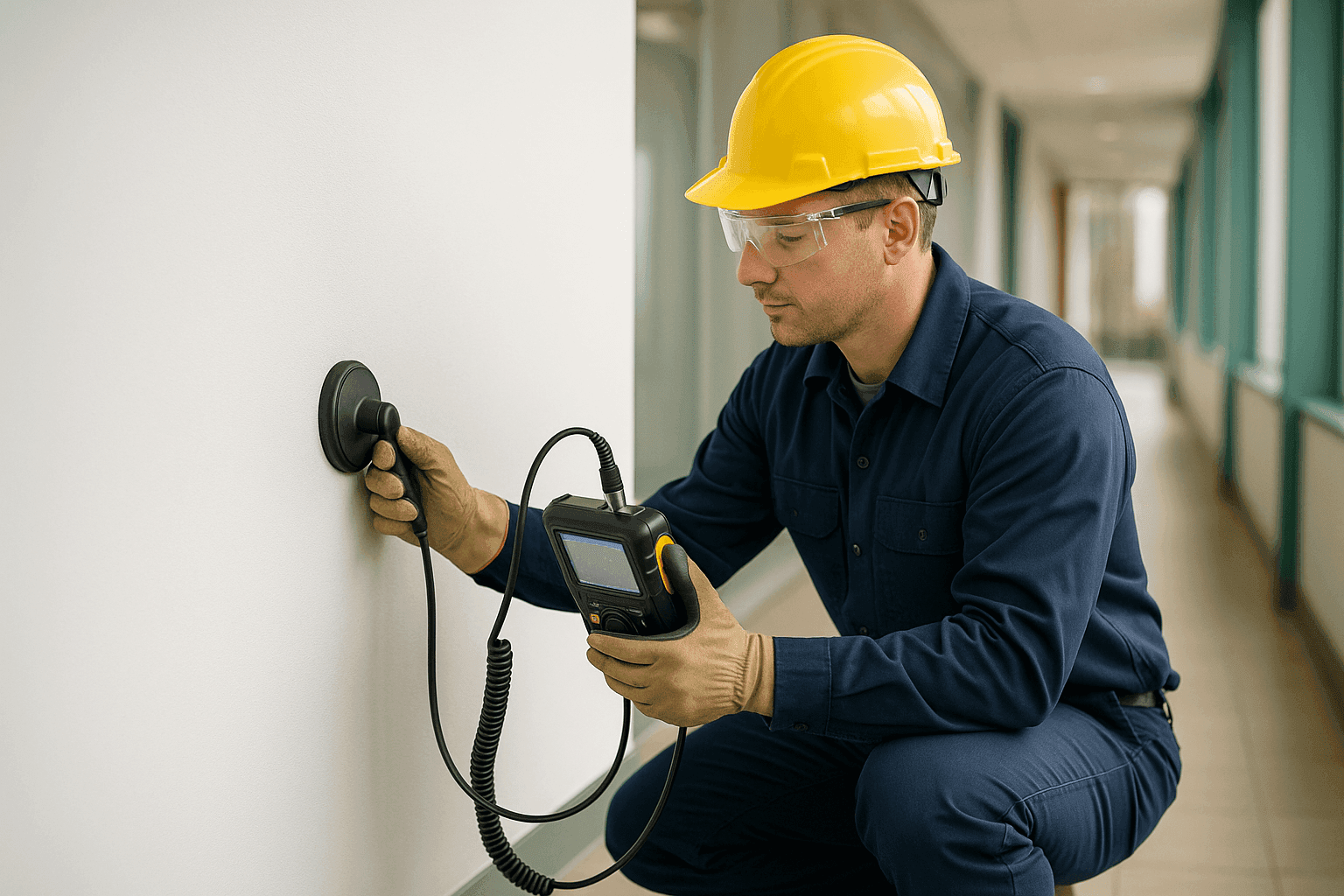 Plumber using leak detection device on wall in office hallway
