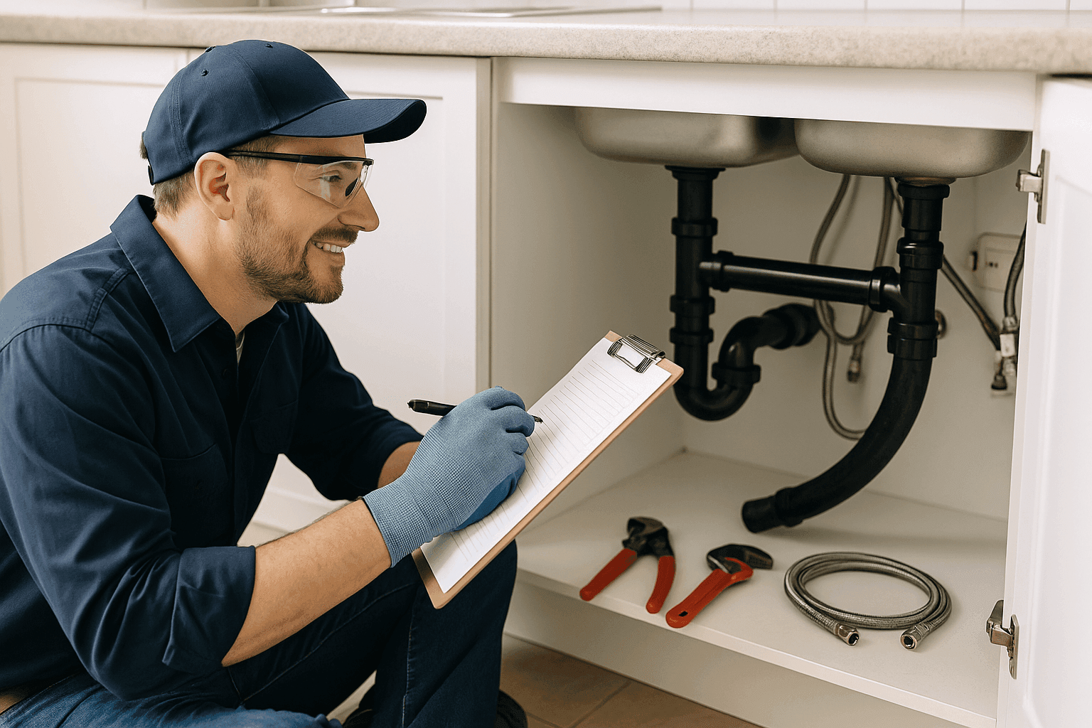 Plumber performing plumbing maintenance under kitchen sink with tools and checklist