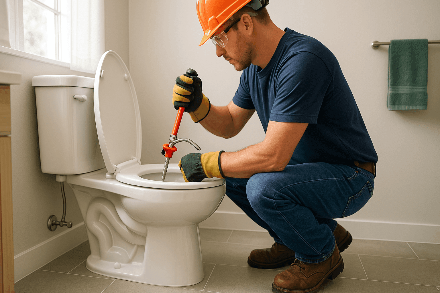 Plumber using auger to unclog residential toilet