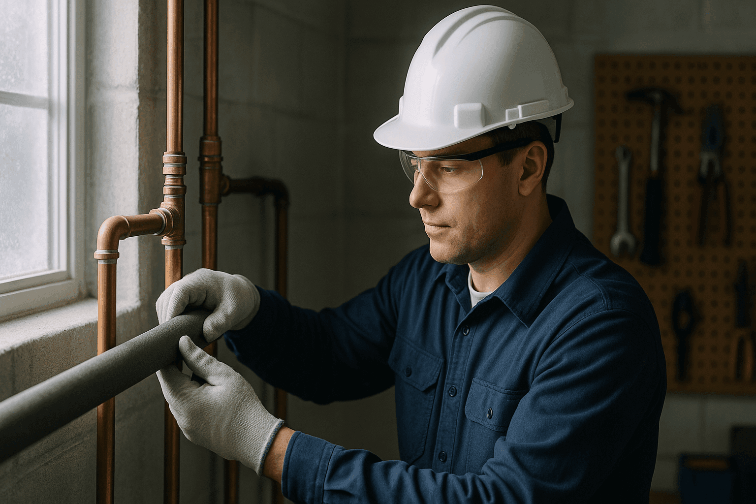 Plumber insulating pipes in cold basement during winter