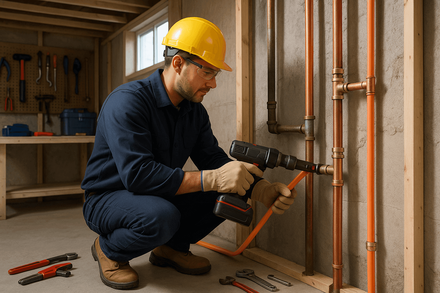 Plumber replacing old water pipes in residential basement