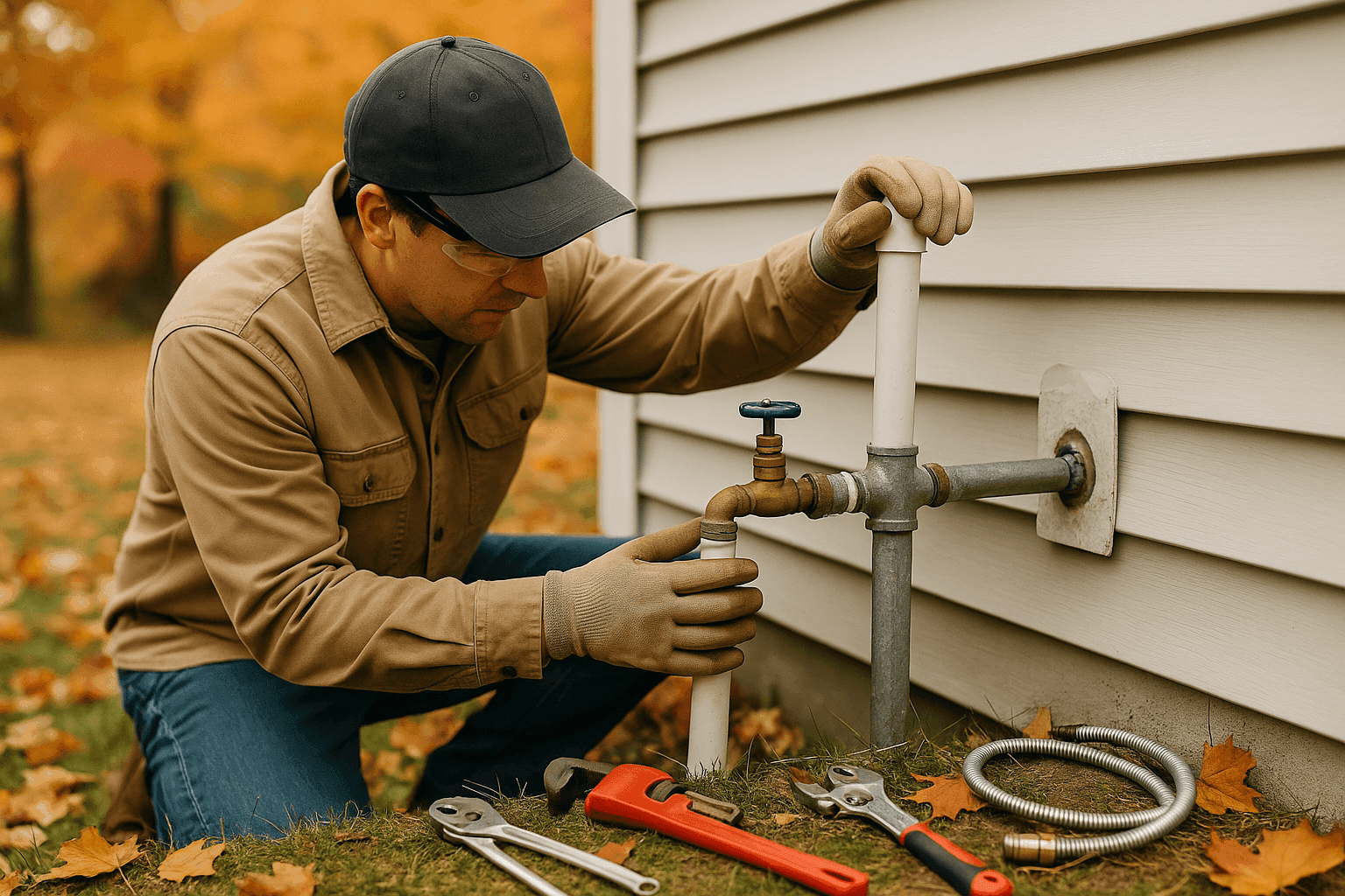 Homeowner performing seasonal plumbing maintenance outdoors in autumn