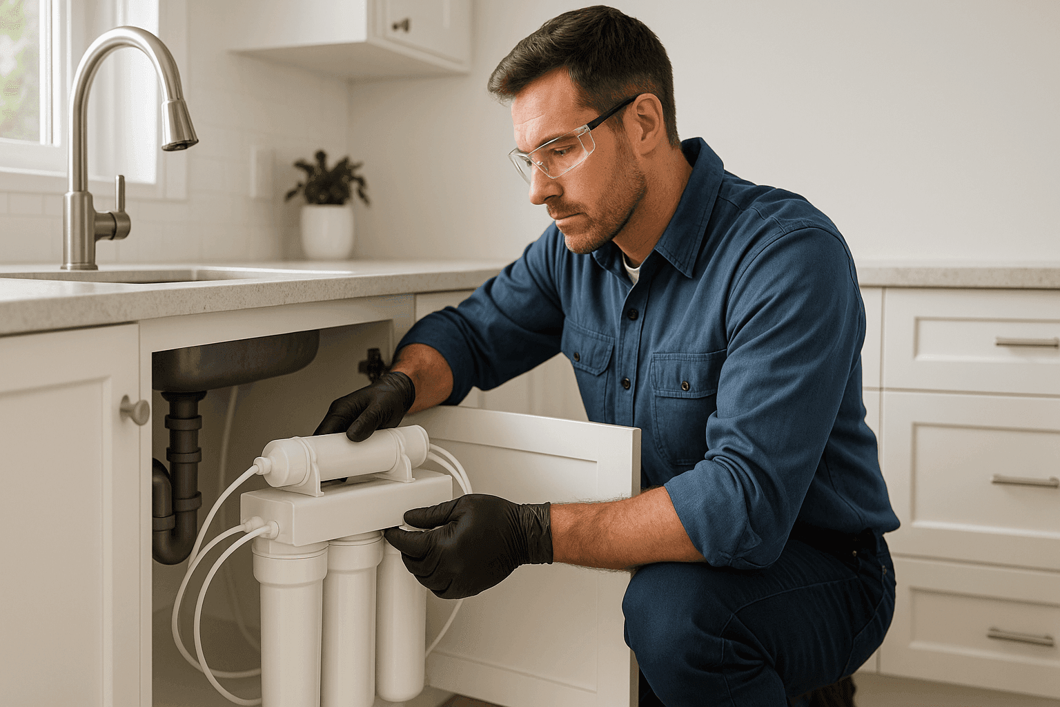 Plumber installing under-sink water filtration unit