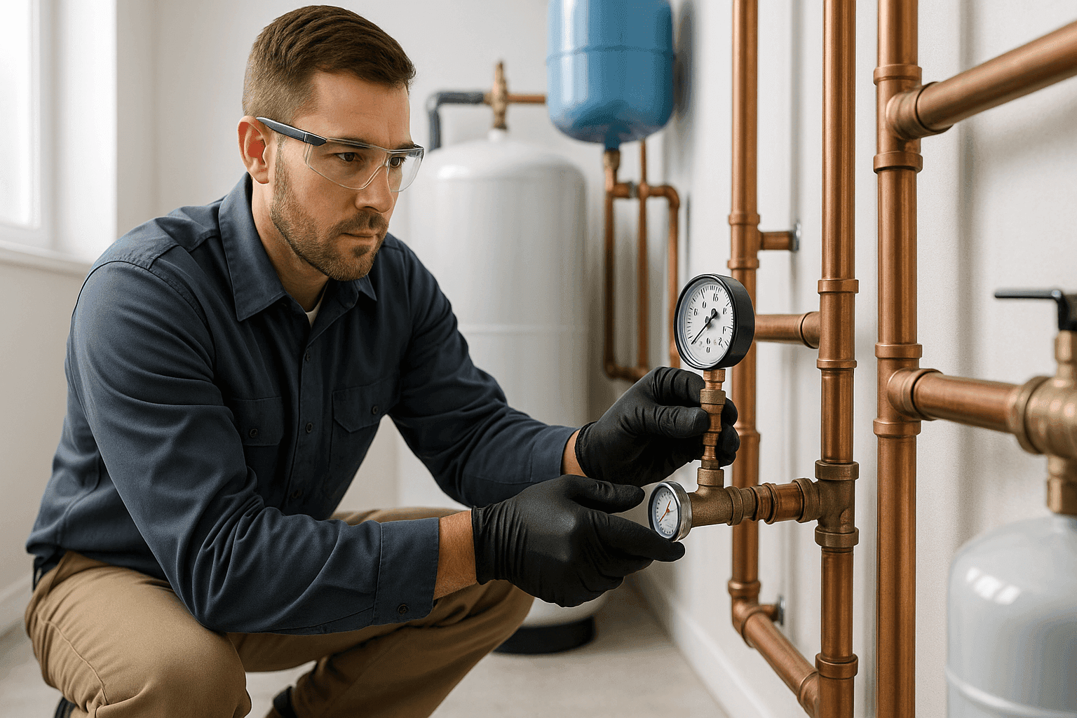 Technician using pressure gauge on residential water line